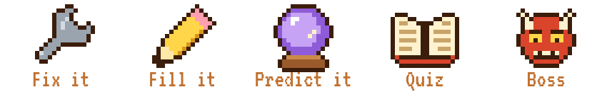 The five level types: Fix it, Fill it, Predict it, Quiz and Boss